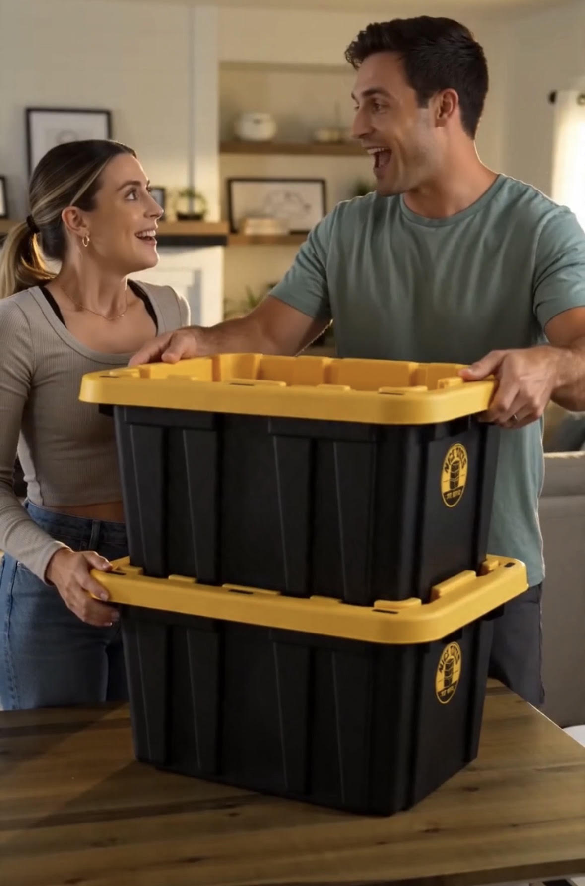 Couple unpacking Nice Totes moving totes at home