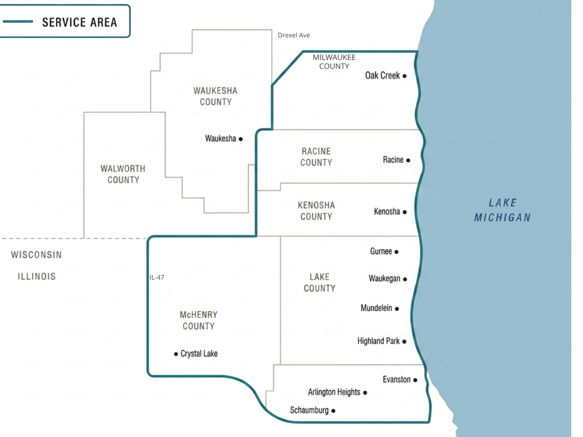 Nice Totes service area map covering northeast Illinois and southeast Wisconsin up to Milwaukee